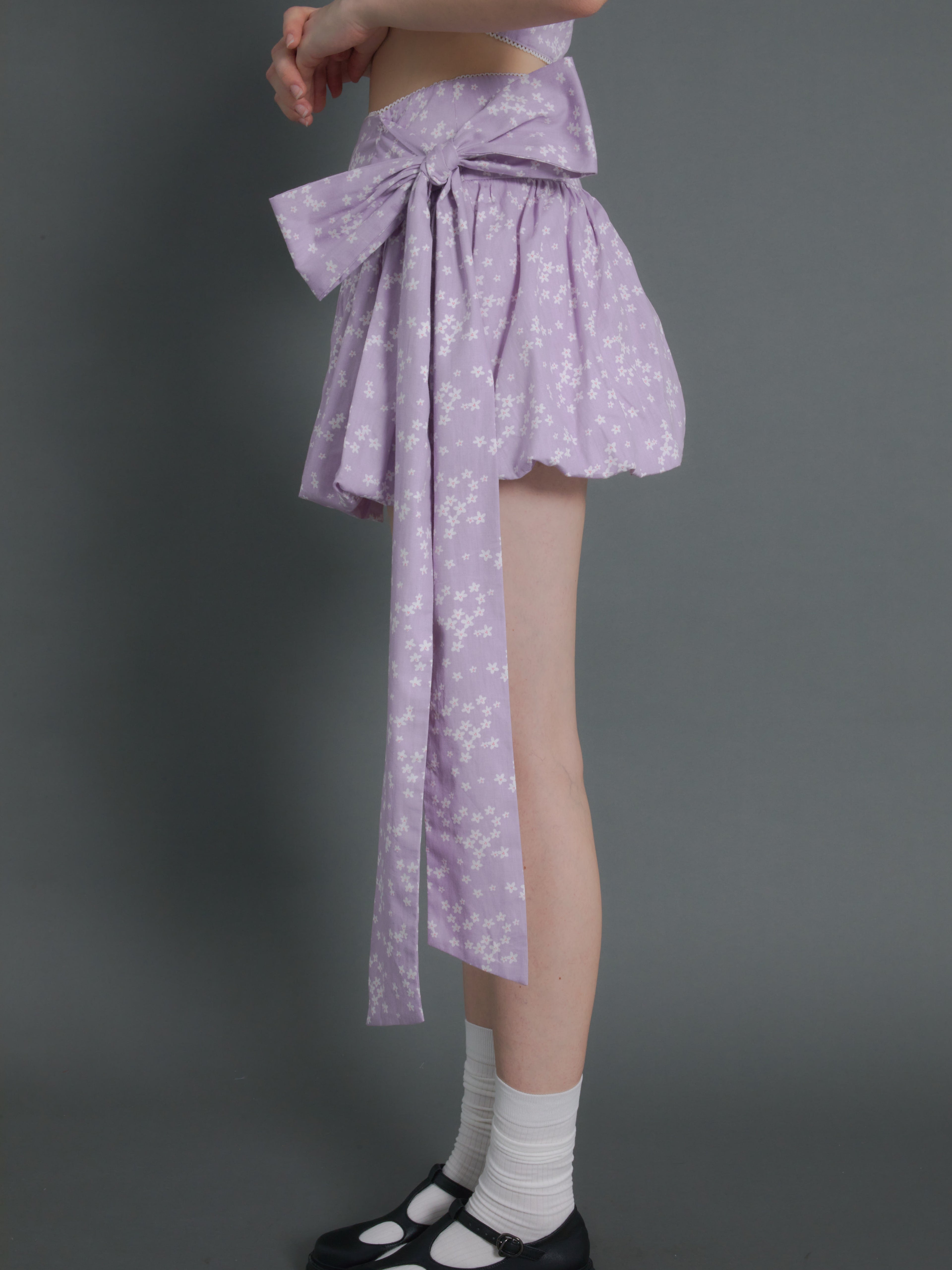 Floral Short Sleeve Cropped Top & Ribbon Bud Skirt
