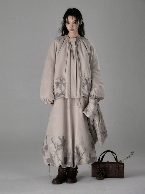 Floating Flower Shadow Printed Quilted A-line Bud Skirt