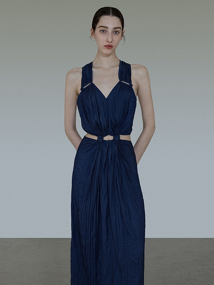 French V-neck Exposed Waist Drape Gather Strap Long Dress