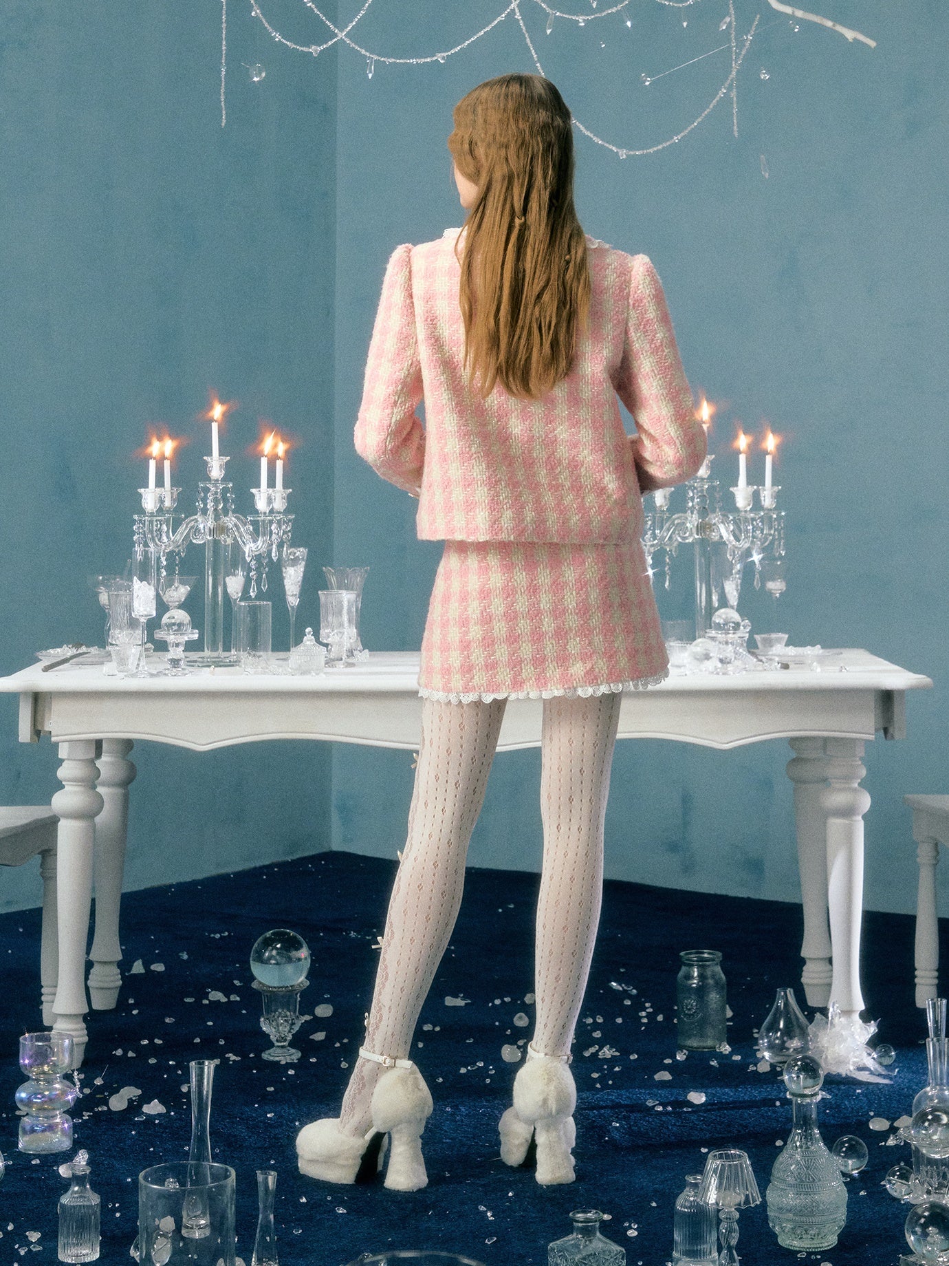 Plaid Bow Flower Brosche Spee Paded Short Jacket & Rock