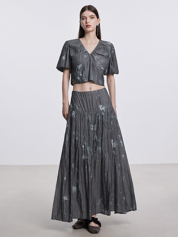Tie-dye V-Neck Puff Sleeve Top & Gather Long Skirt