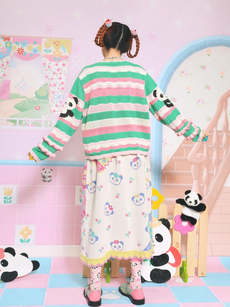 국경 팬더 중공 레이스 소매 니트 카디건