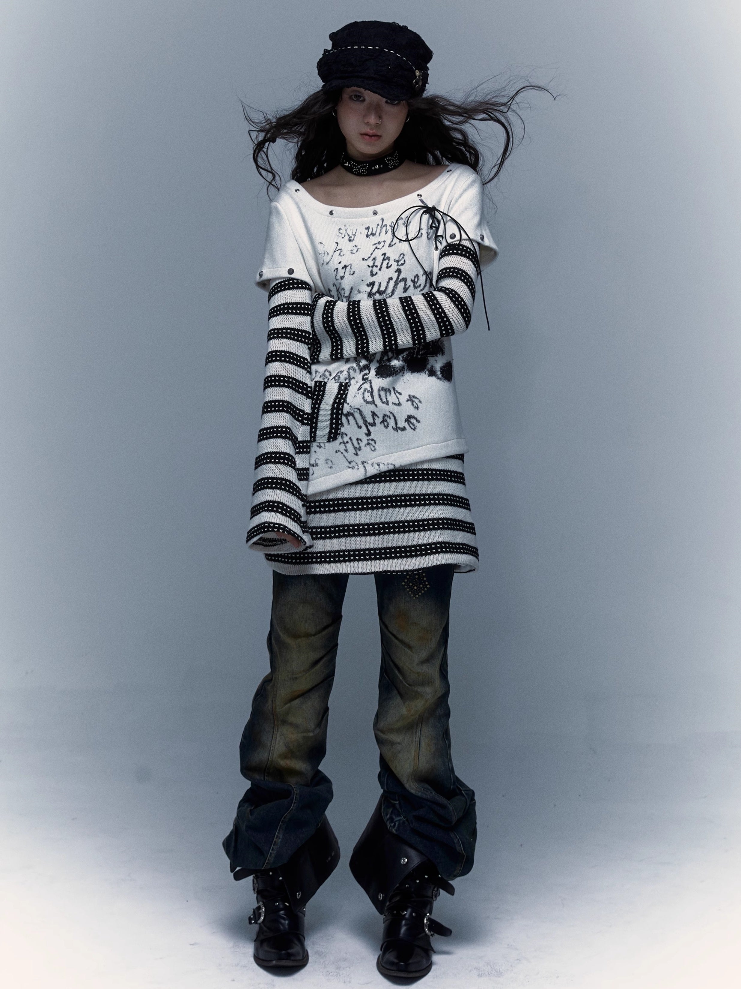 펑크 스 플라이 싱 스트라이프 프린트 긴팔 티셔츠