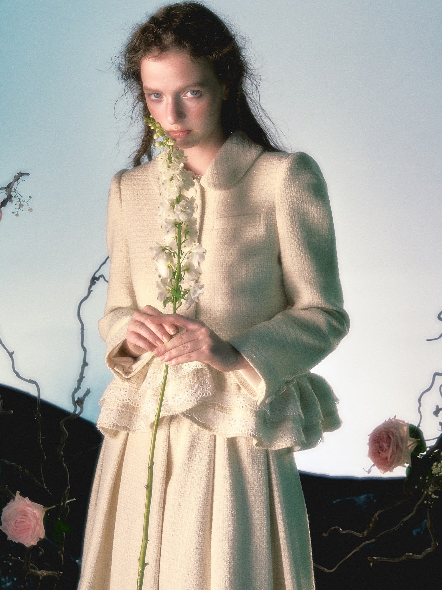 Irregular Lace Hem Jacket & Elastic Waist Pleated Skirt