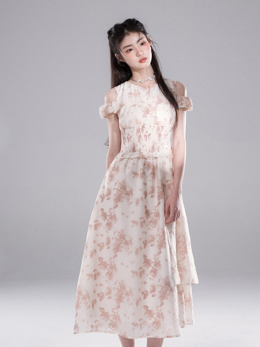 Rose Layered Print Waist Shape Dress