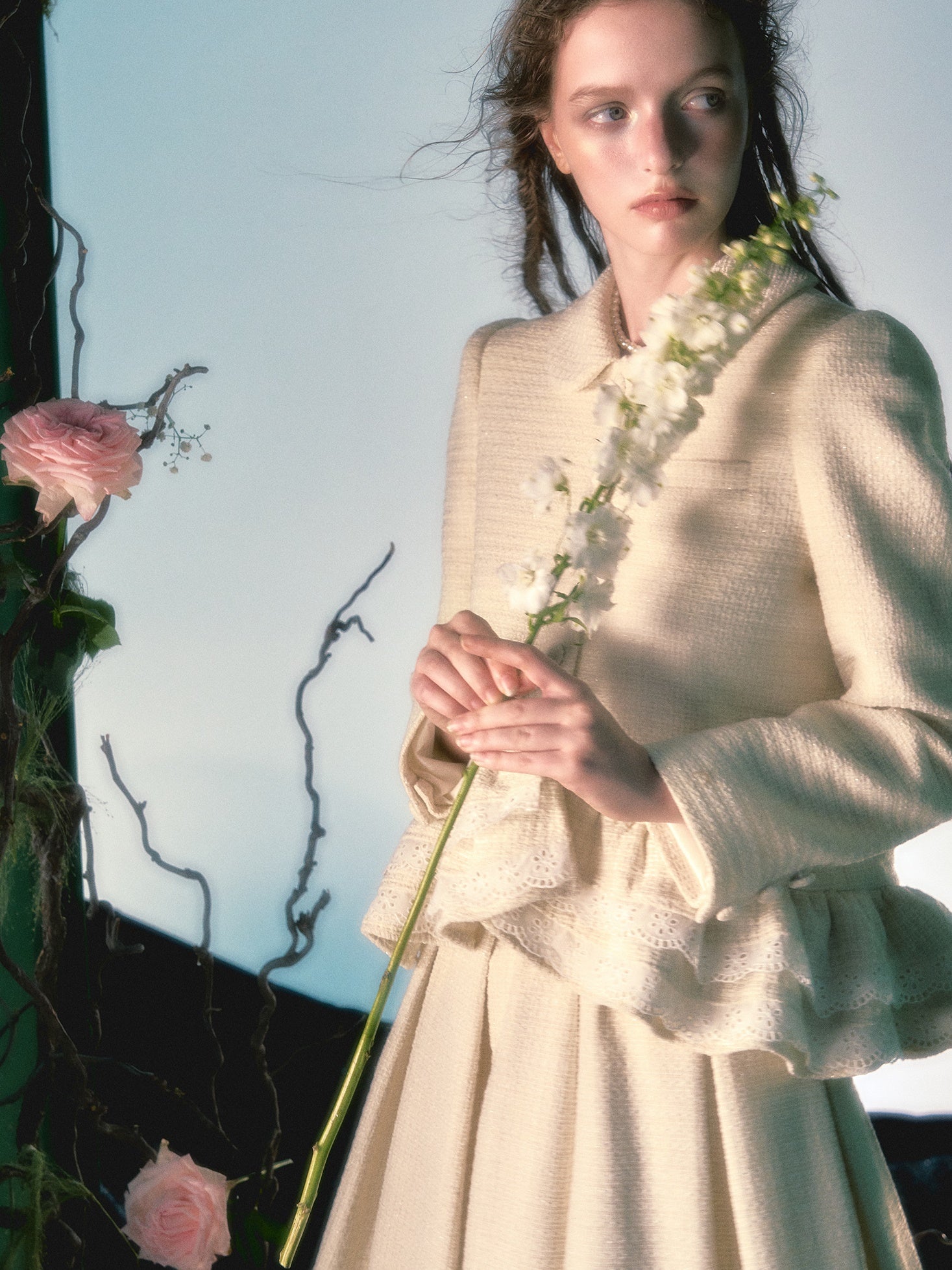 Irregular Lace Hem Jacket & Elastic Waist Pleated Skirt