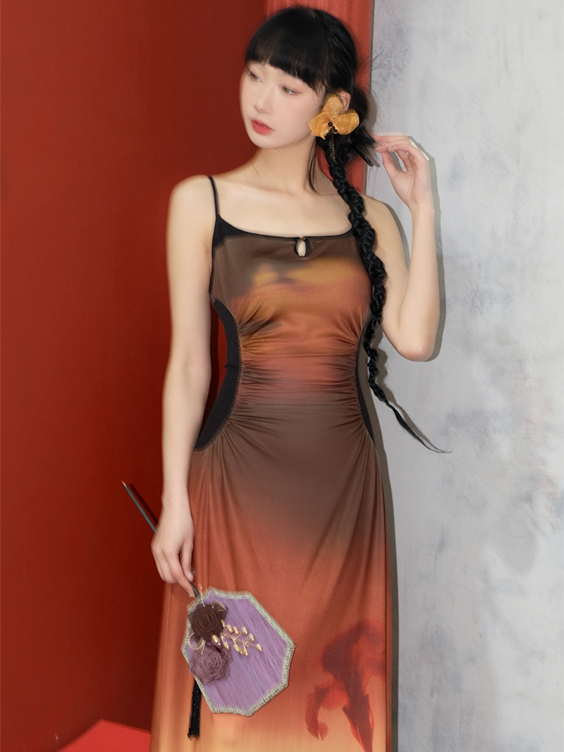 Gradation Printed Elastic Slim Fit Suspender Dress