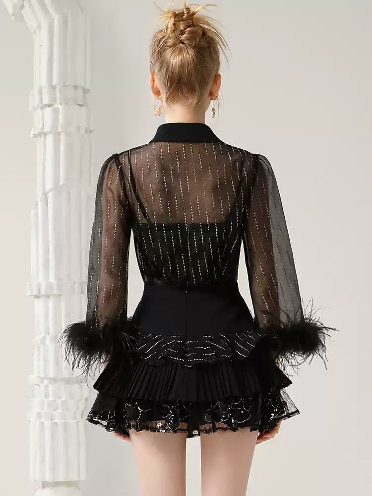 Set-Up 2Set Fur See-Through Elegant Lace Blouse&Mini-Skirt&Camisole