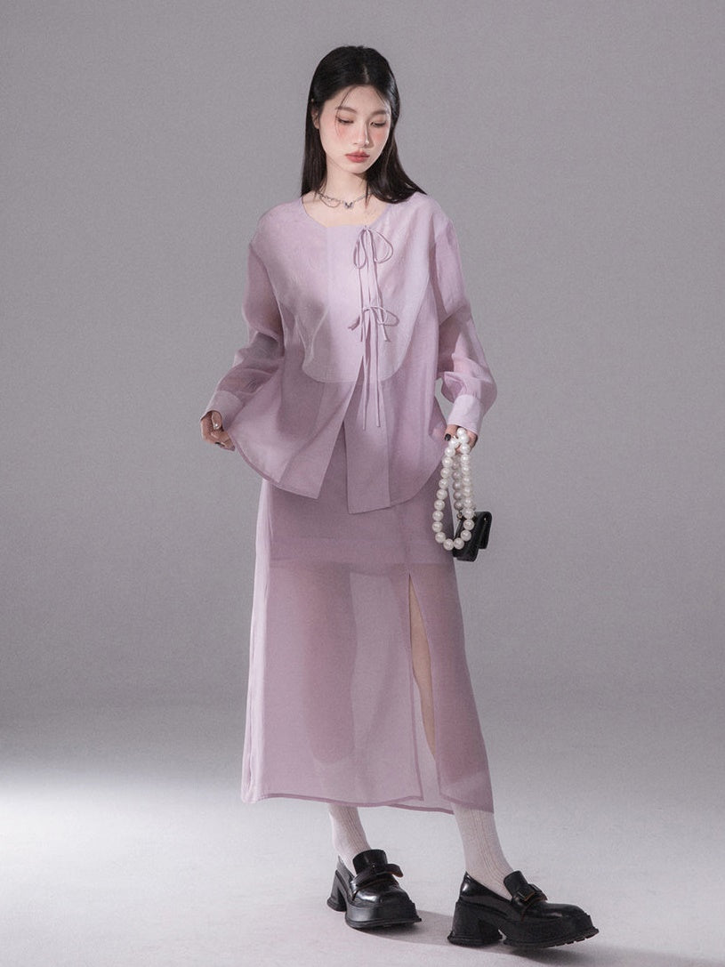 No Collar Sunscreen Shirt & Sheer Skirt