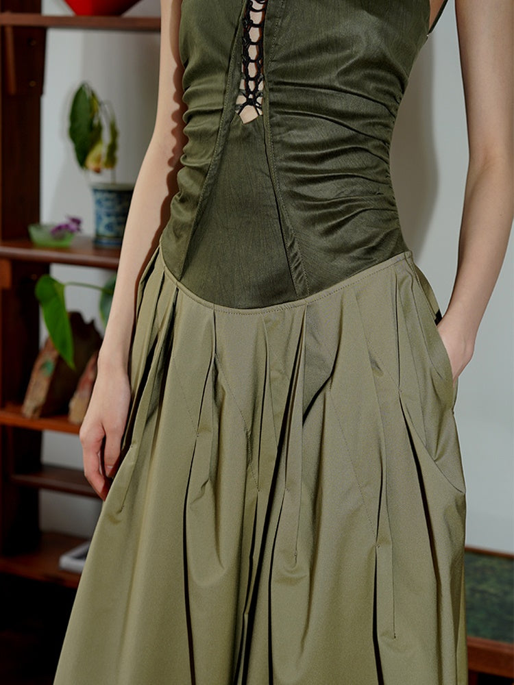 Polarized Faux Leather Hollow Suspender Long Dress