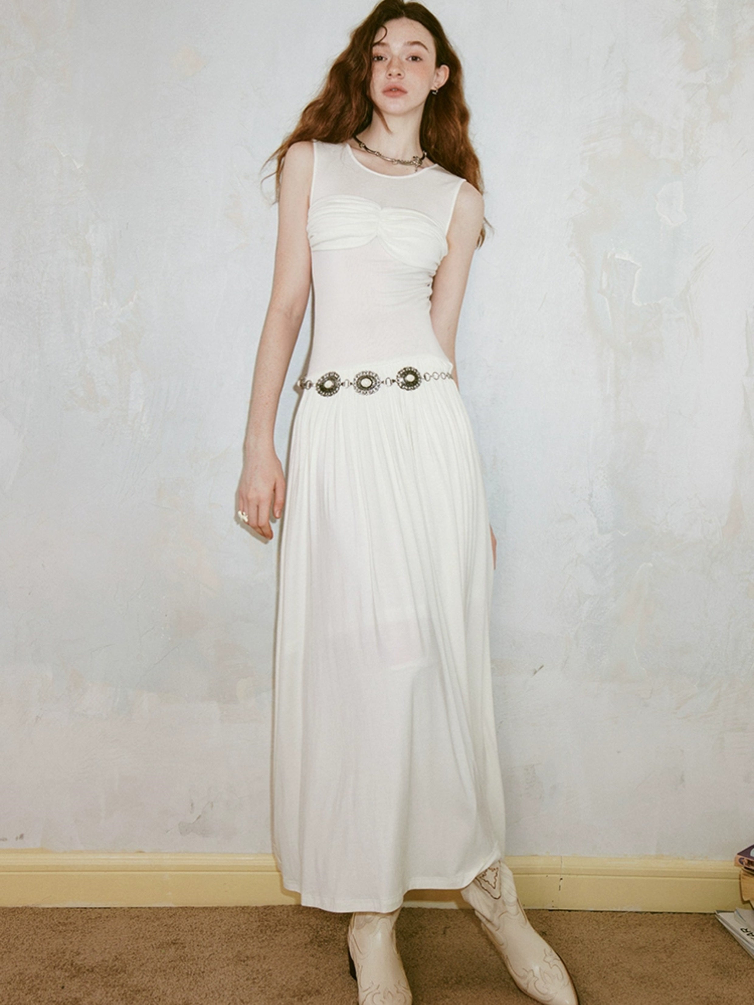 Pleated Draped Sheer Sleeveless Long Dress