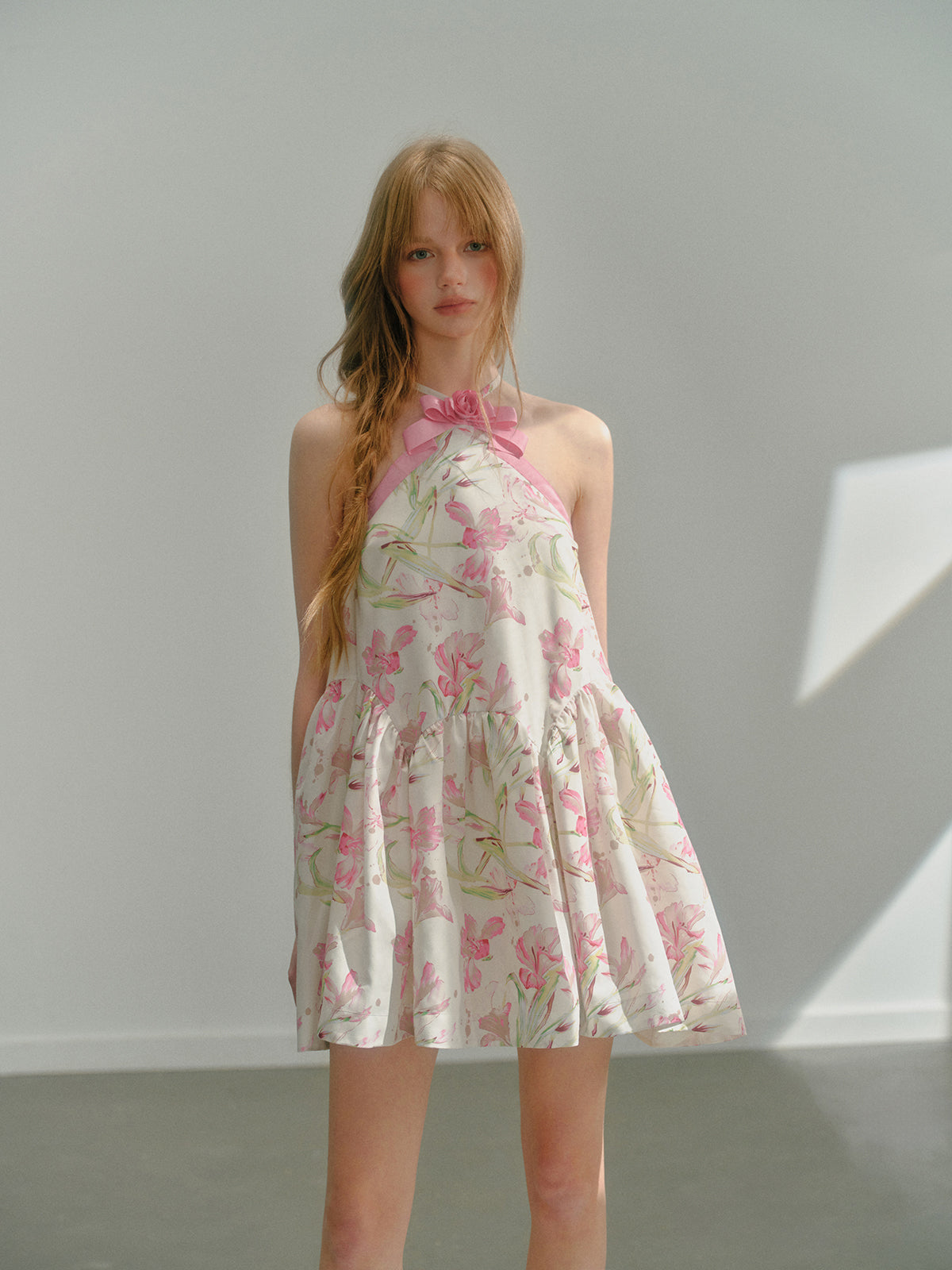 Halter Neck Floral Printed Sweet Bow Puffy Dress