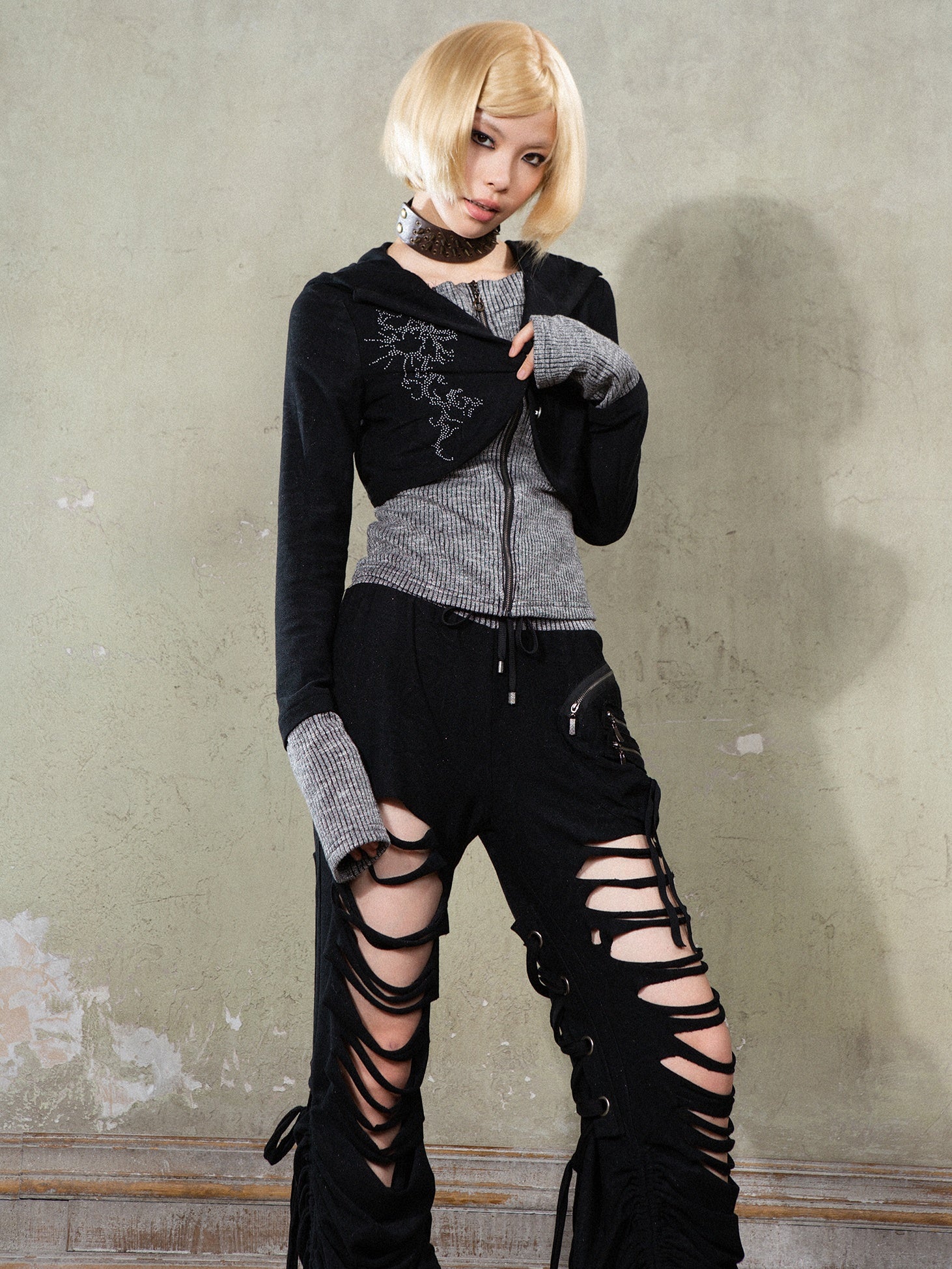 Hooded Knitted Switching Slim Cardigan