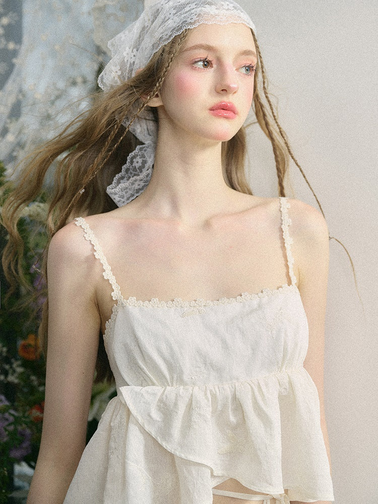 Embroidered Jacquard Ruffled Sling & Asymmetry Skirt