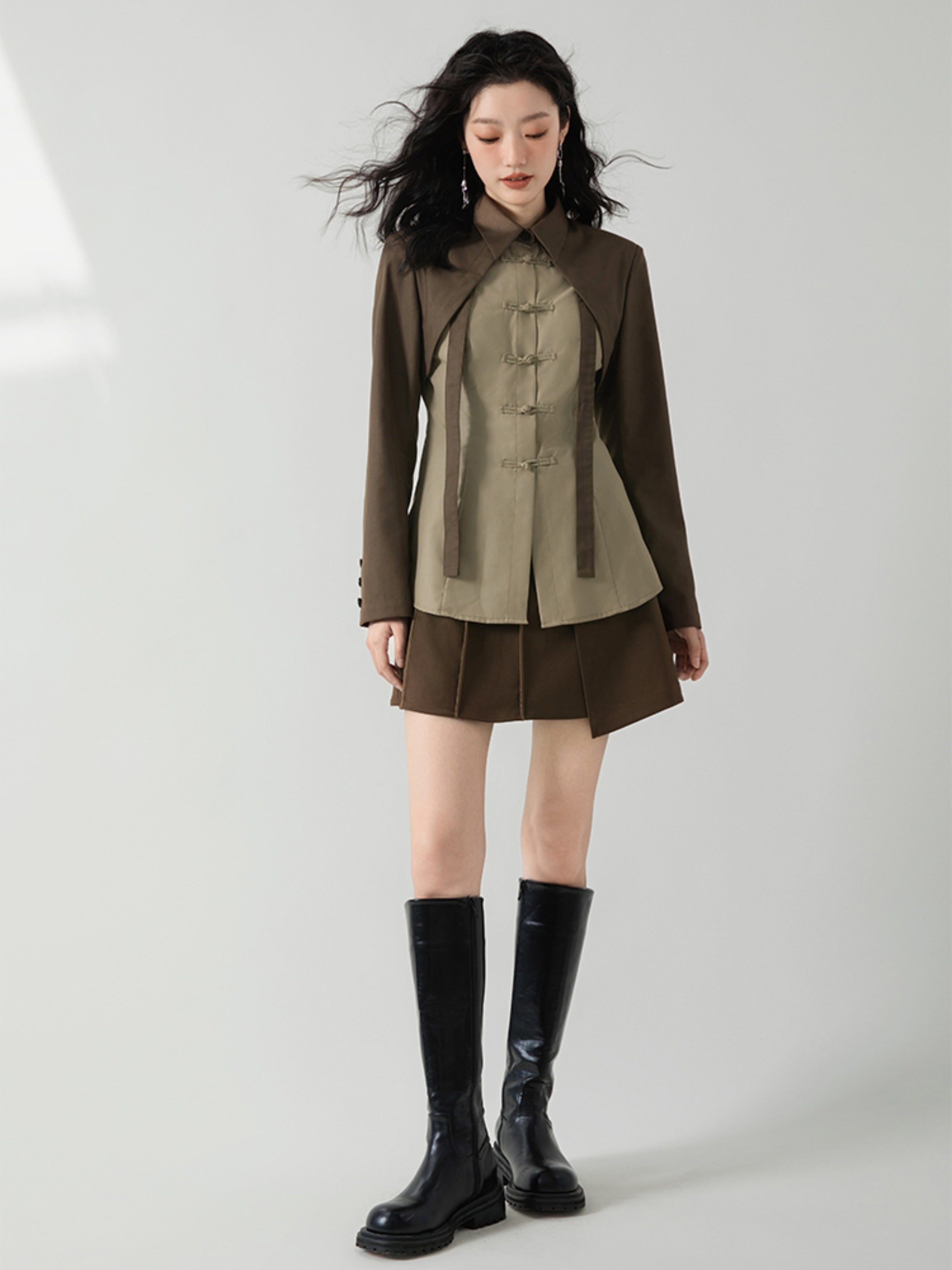 중국 버클 콘트라스트 컬러 페이크 2피스 셔츠