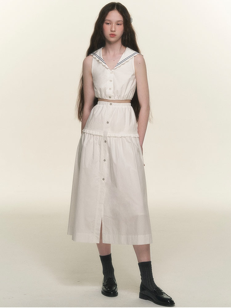 네이비 칼라 짧은 셔츠 및 전면 버튼 스커트