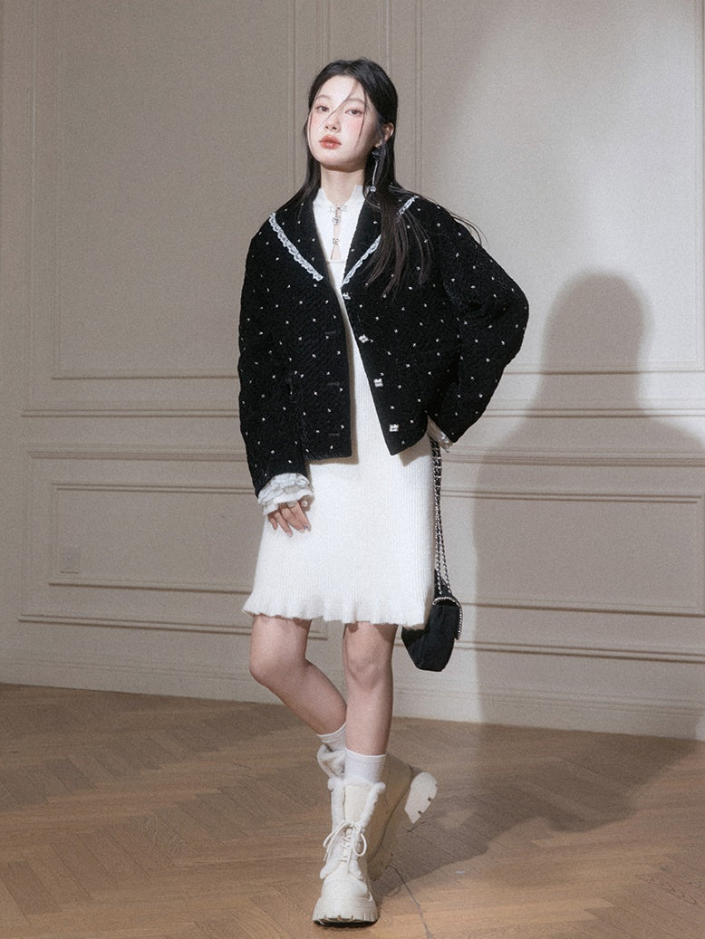Velvet Bead-flower Short Jacket & Lace Stitch Cake Skirt