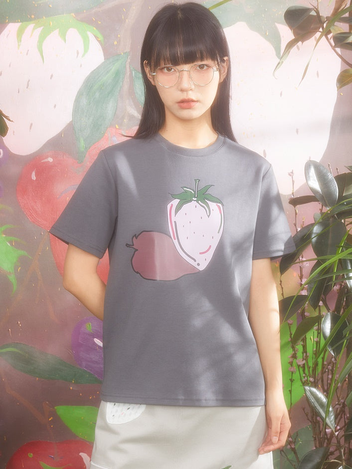 Strawberry Print Loose Round Neck T-shirt