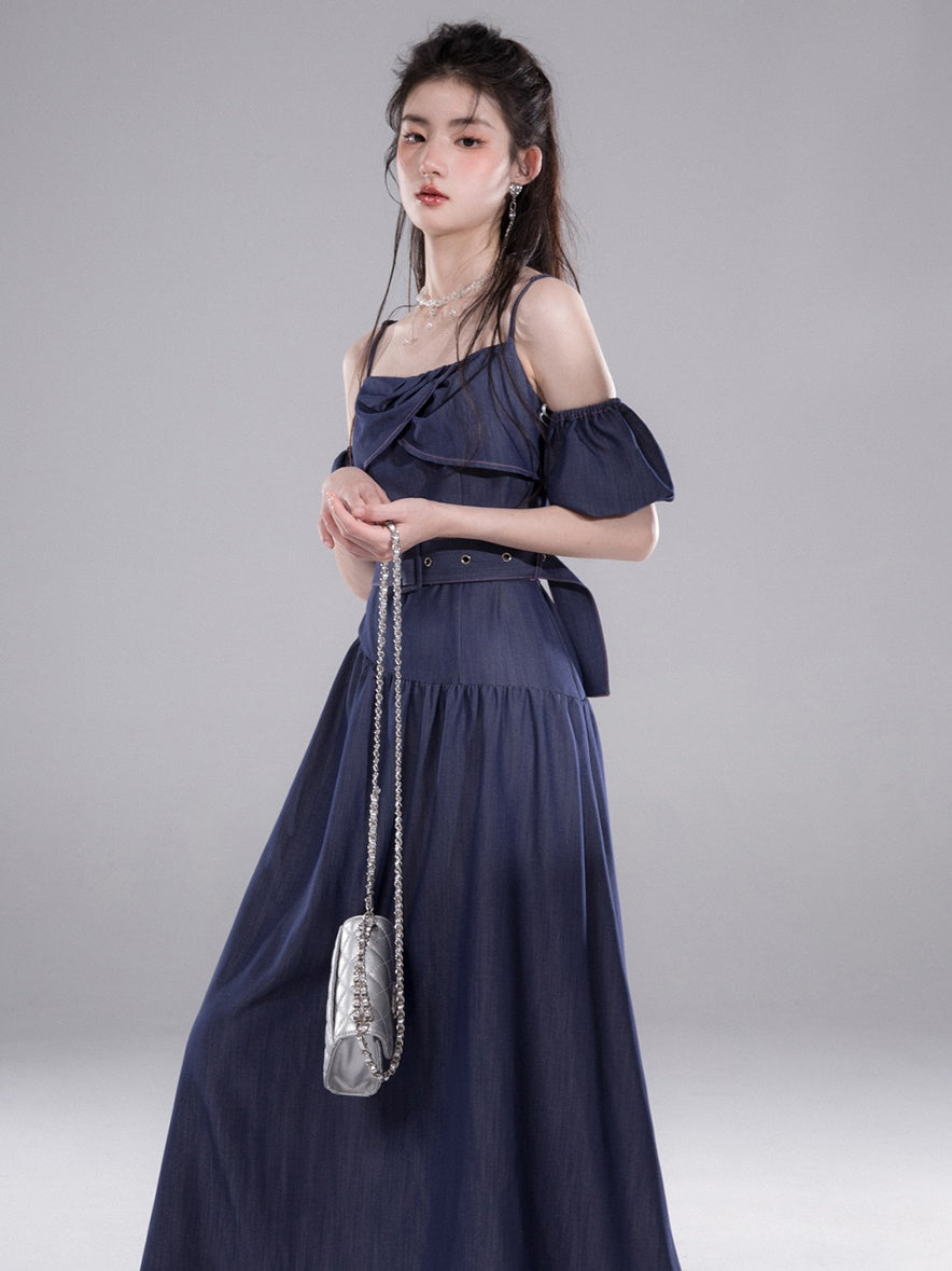 이동식 짧은 슬리브가있는 긴 슬립 라인 드레스