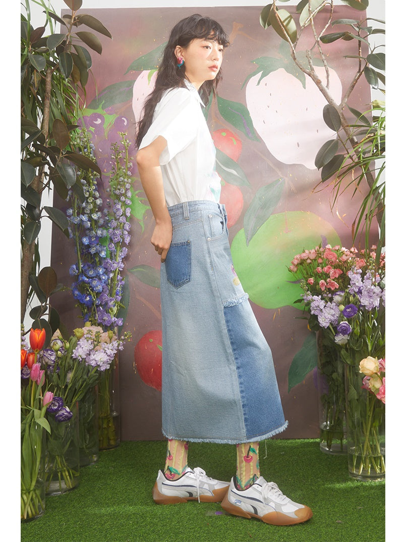 Cream Cherry Embroidery Contrasting Color Raw Edge Denim Skirt