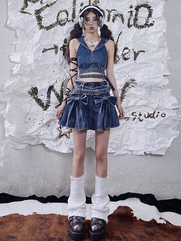 Niche Big Ribbon Flare Denim Skirt