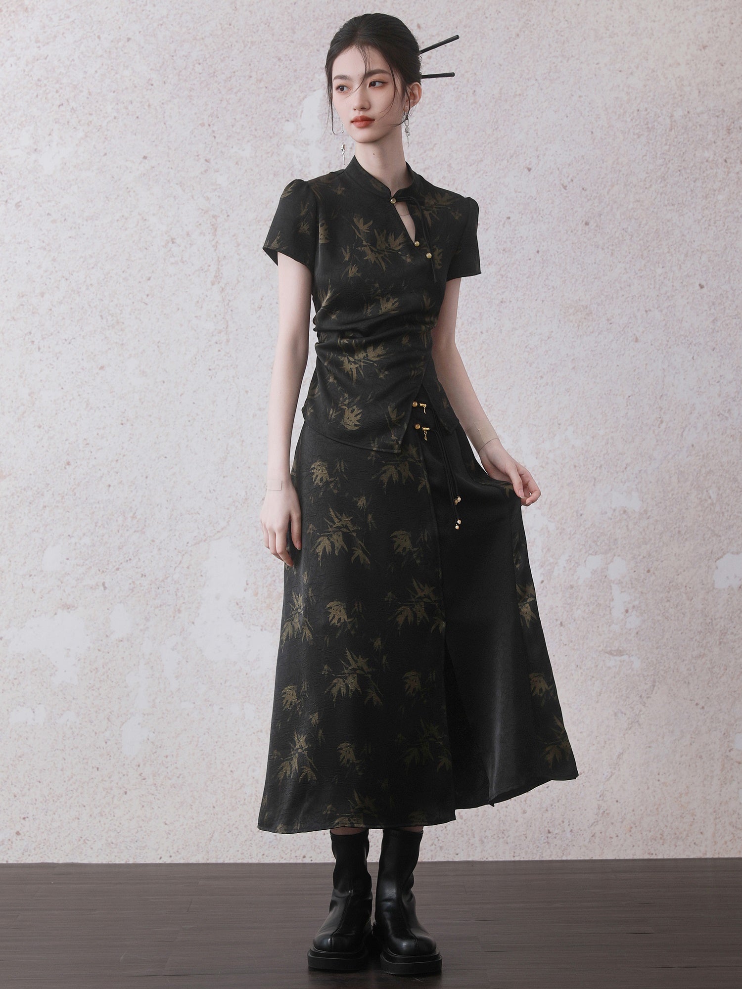 Chinese Style Bamboo Print Short Sleeve Shirt & A-Line Skirt