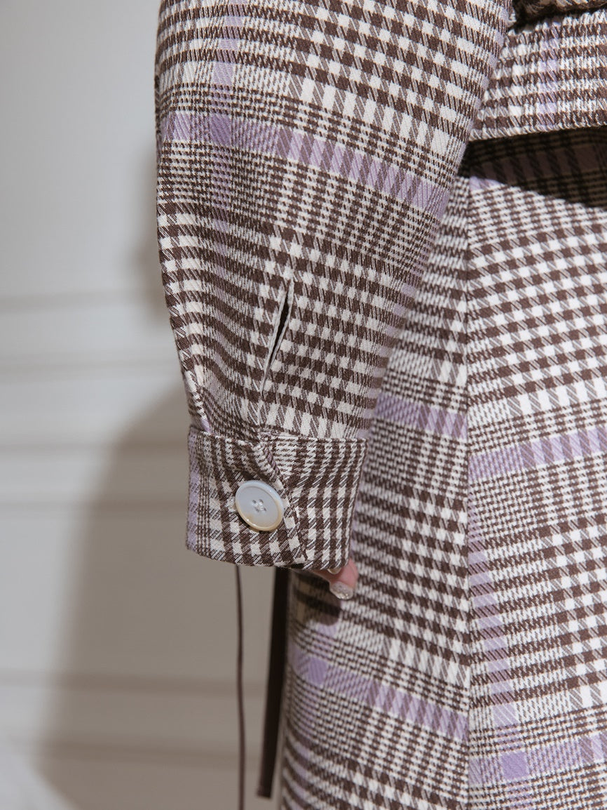 Navy Collar Plaid Short Jacket & A-Line Pleated Skirt