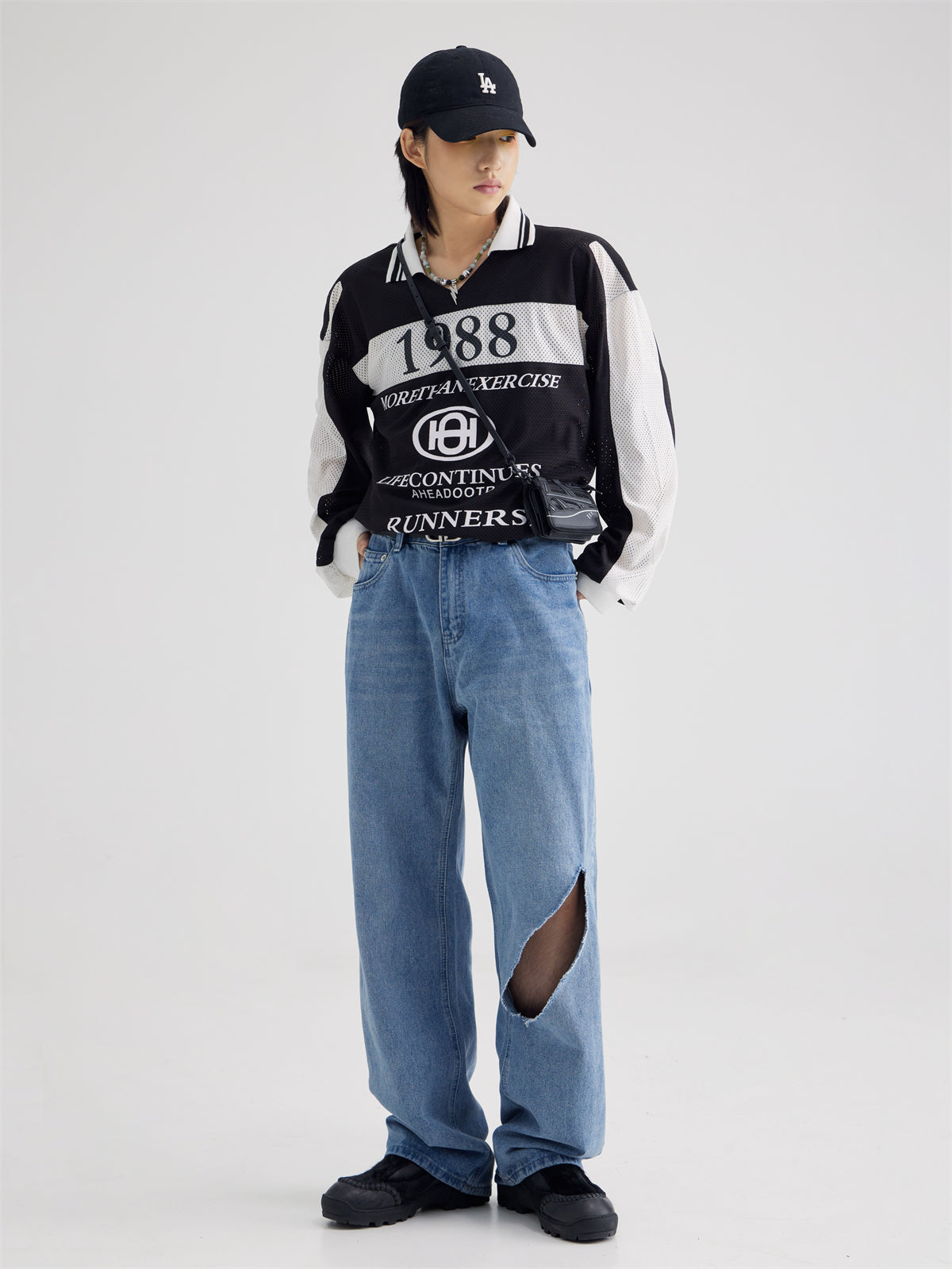 Polo Collar Mesh Print Long-sleeved T-shirt