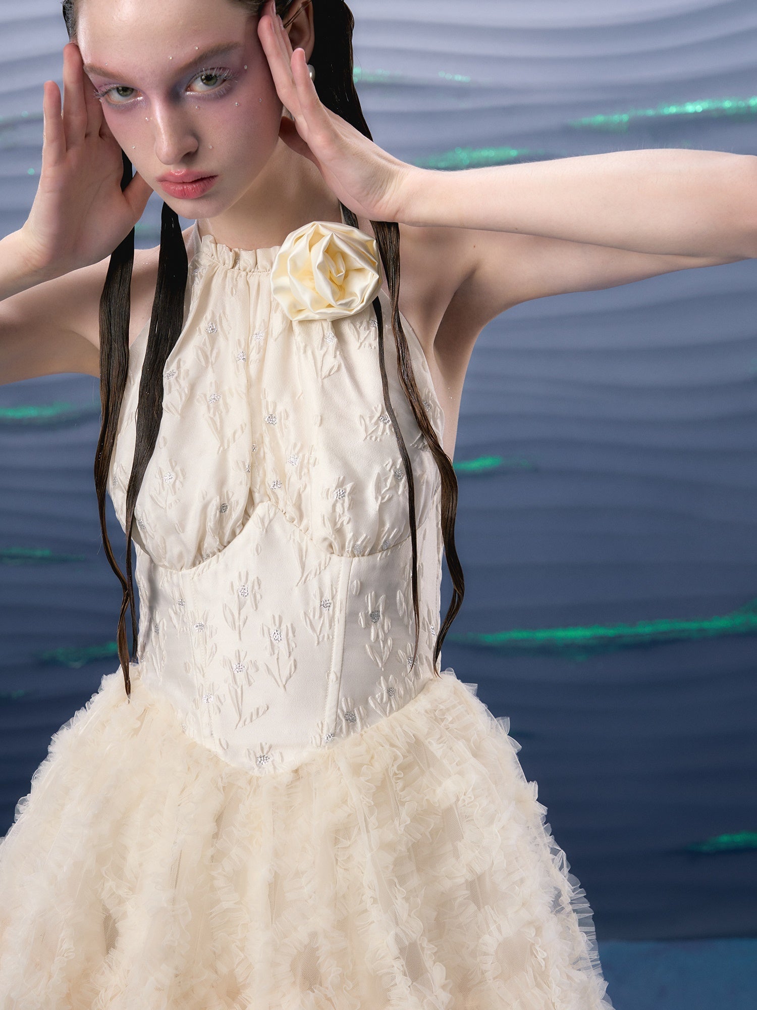Jacquard Mesh Hem Flower Brooch Halter Neck Dress