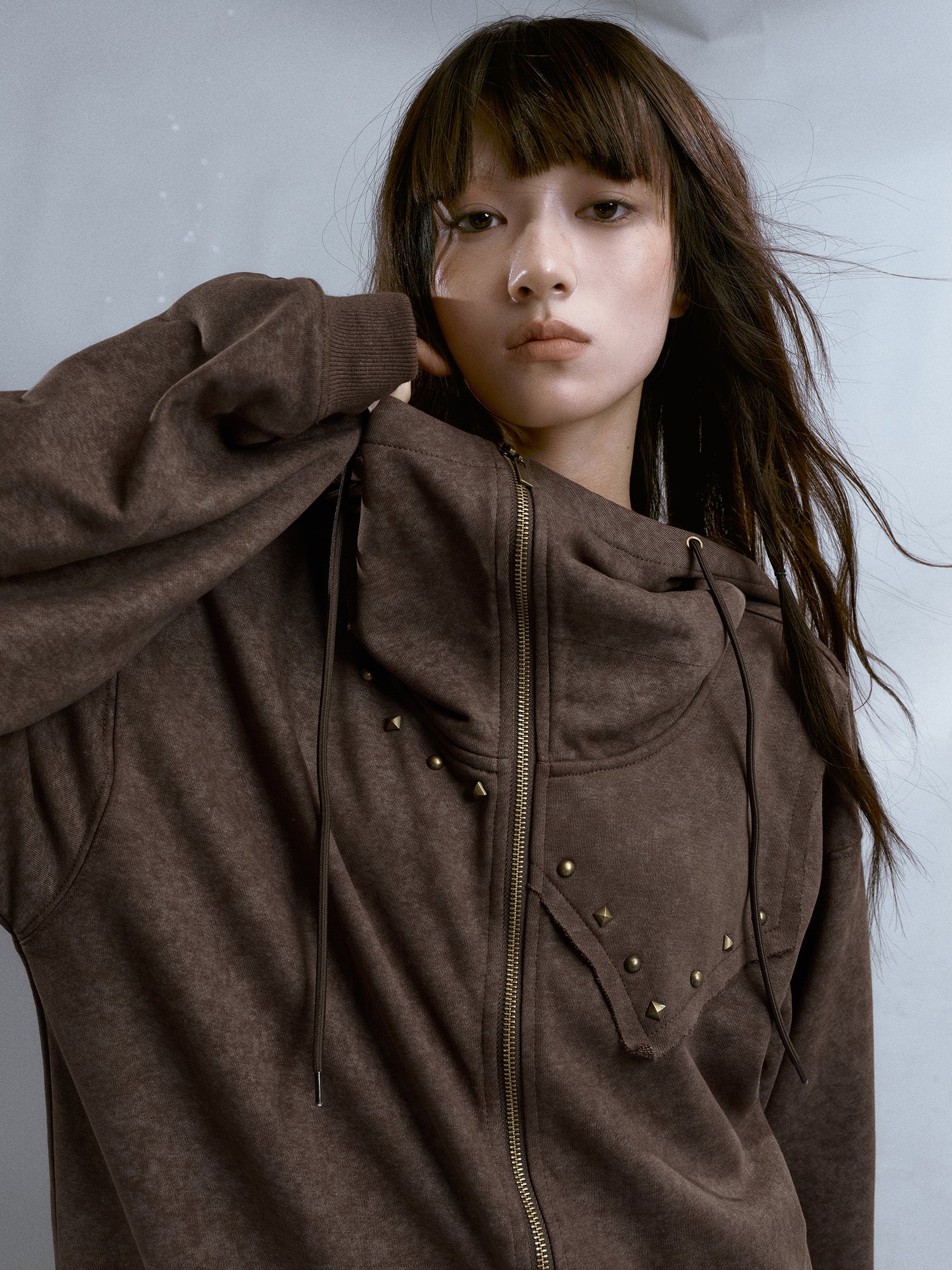 Rivet Distressed ZIP-Up Parka