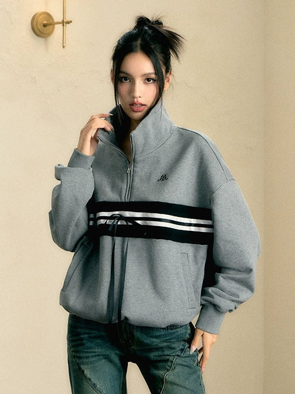 Contrast Line Stand Collar Half-Zip Pullover