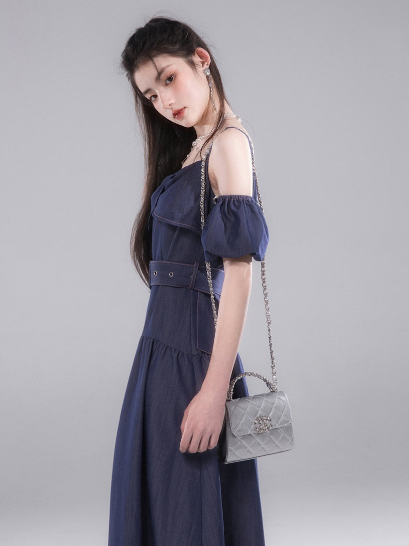 이동식 짧은 슬리브가있는 긴 슬립 라인 드레스