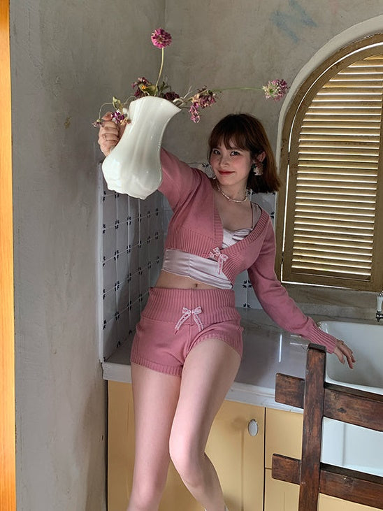 Knitted Cropped V-neck Cardigan & Short Pants