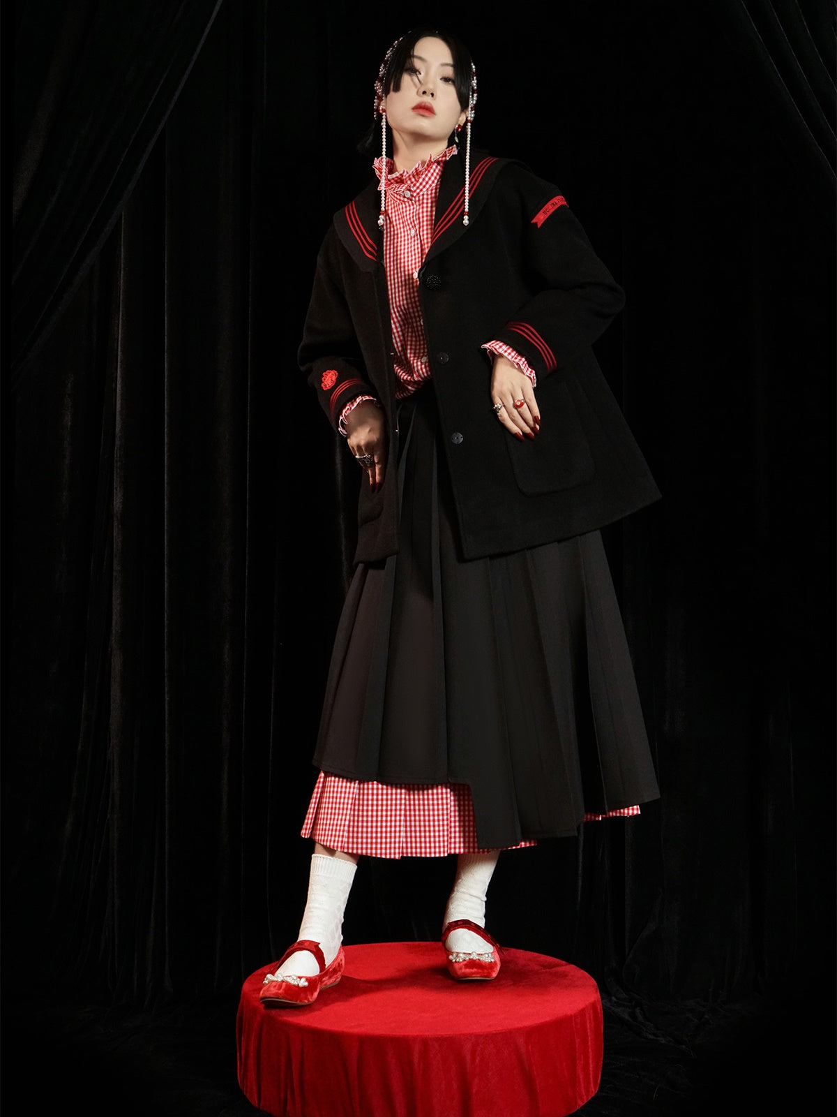 Double-layered Plaid Pleated Skirt