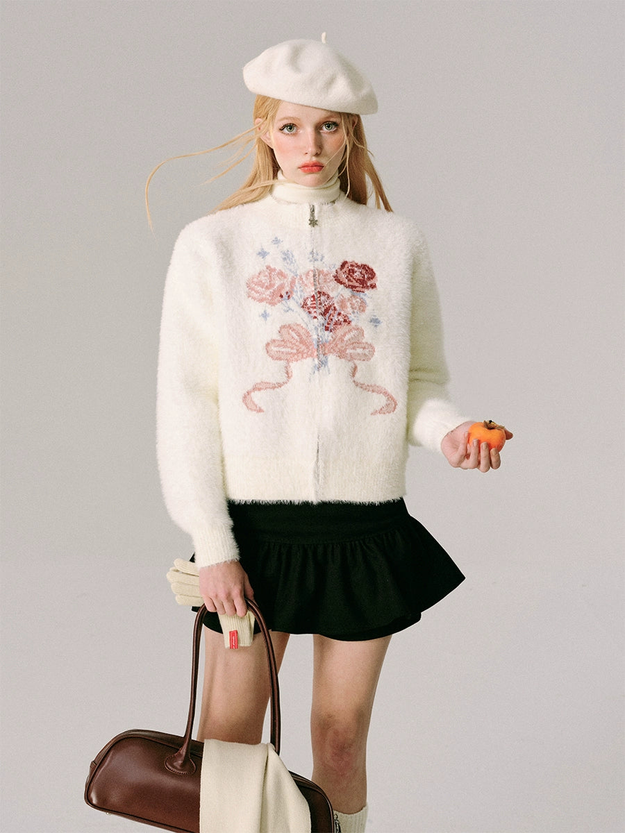 Jacquard Rose Bow Blipper Tripted Cardigan
