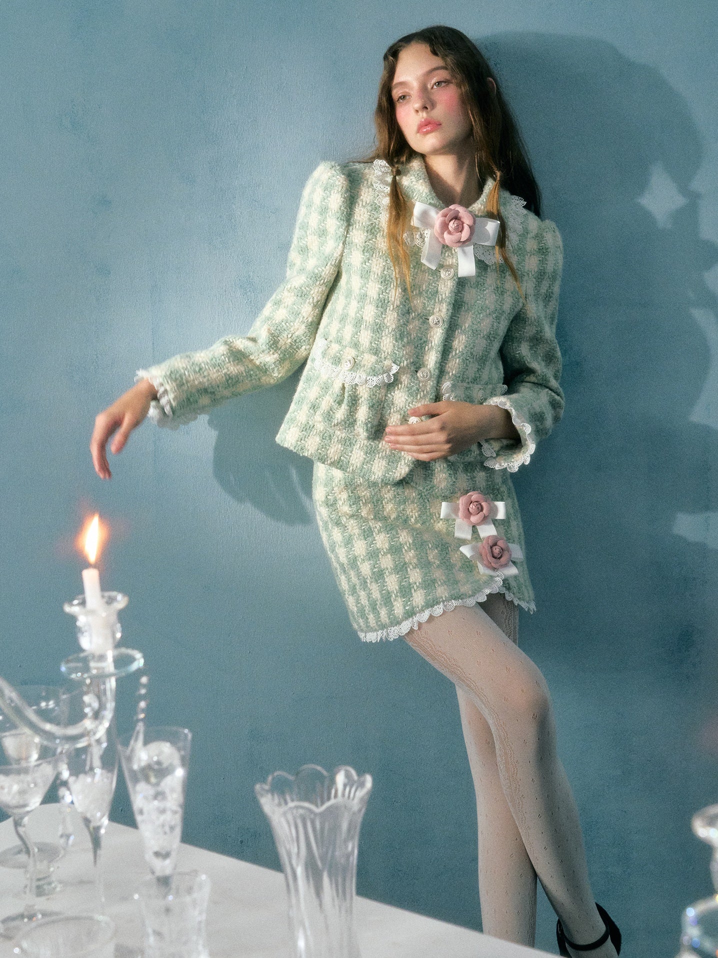Plaid Bow Flower Brooch Lace Padded Short Jacket & Skirt