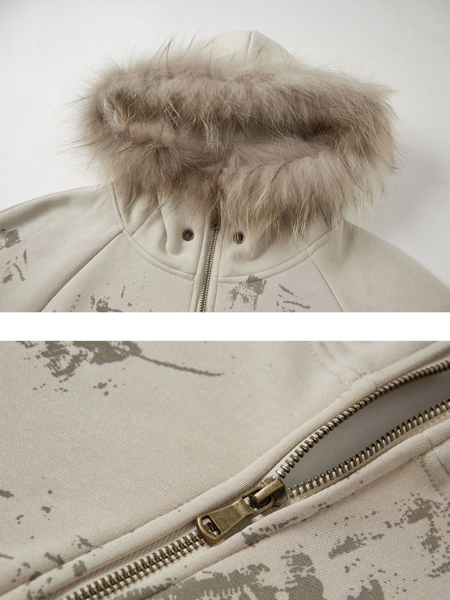 Loose Mottled Graffiti Fur Stitch Hooded Sweat Jacket