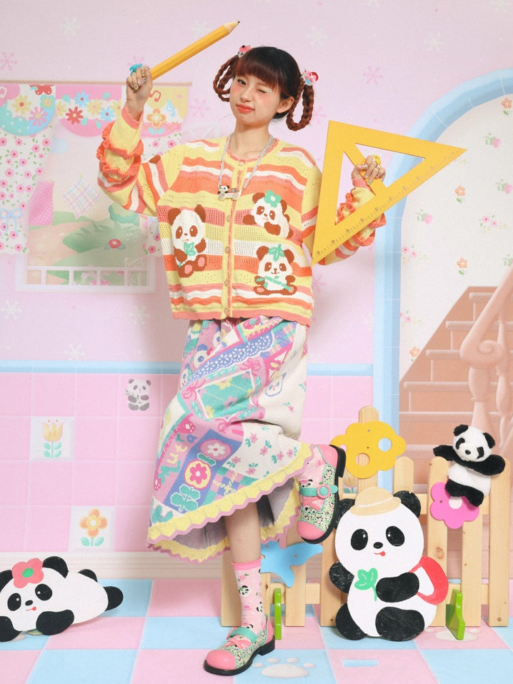 국경 팬더 중공 레이스 소매 니트 카디건