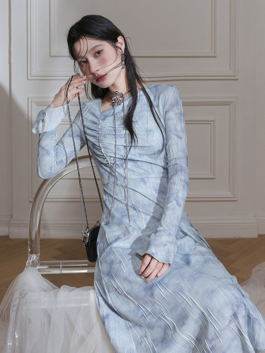 번지 인쇄 스트레치 타이트 드레스