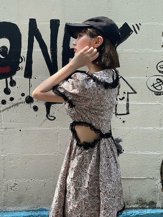 Schwarzer Spitze Hohlloch Taille Blumal Stickie ein Stück