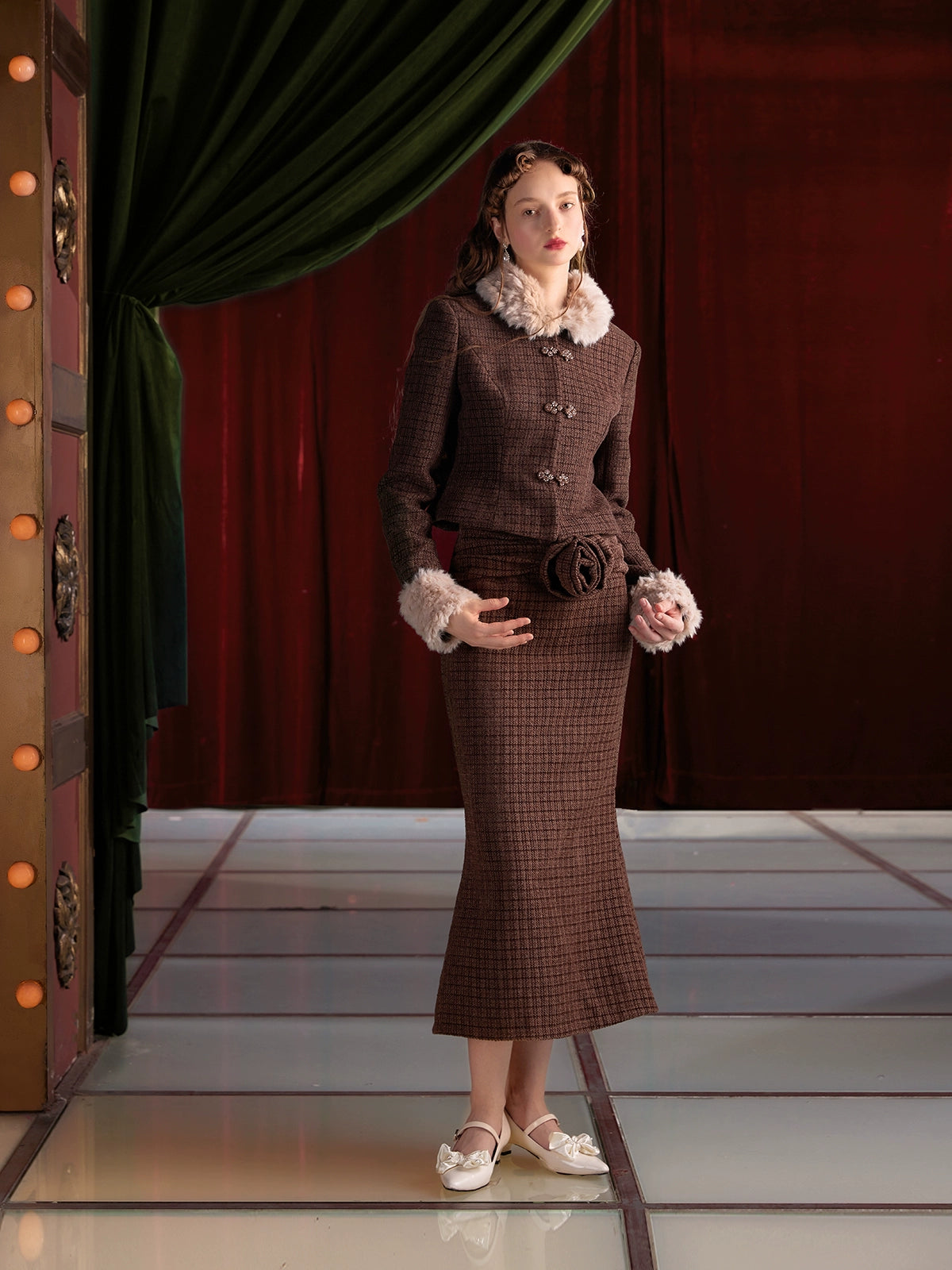 Tweed Style Fur Collar Jacket & Mermaid Skirt