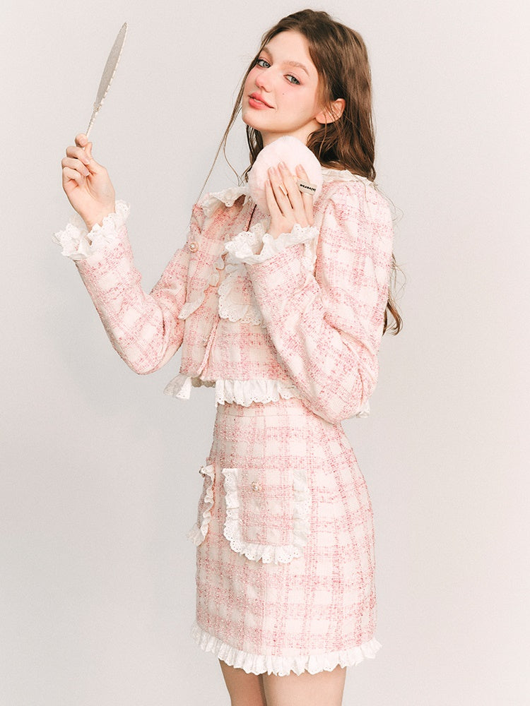 Lace Stitch Check Classical Jacket & Skirt
