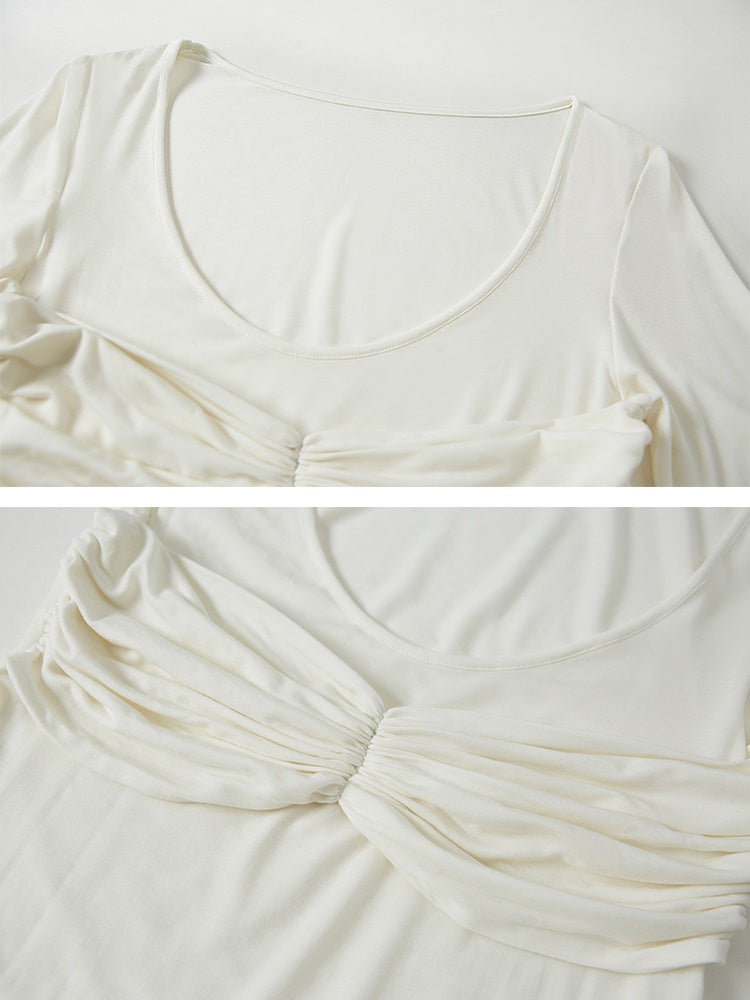 Classic Pleated Stitch Long-sleeved Sheer Dress
