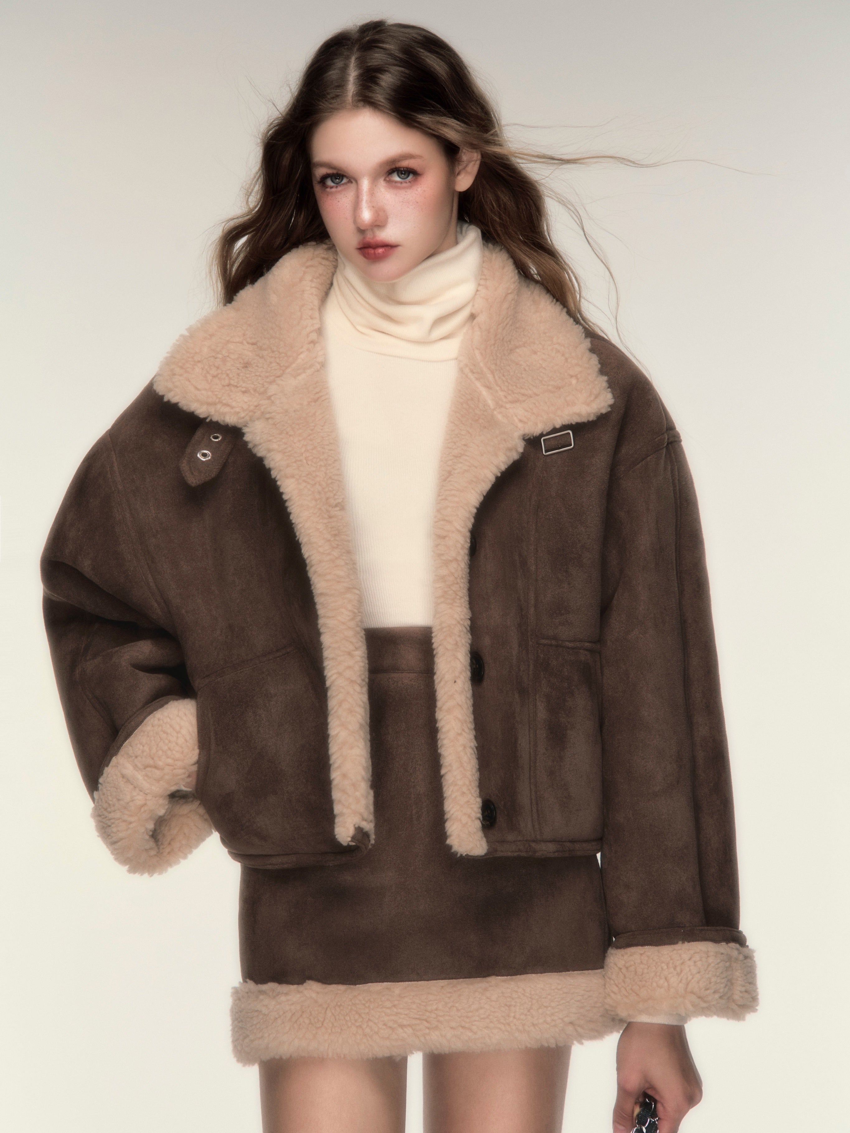 오토바이 스타일 모피 스티치 짧은 코트 및 미니 스커트