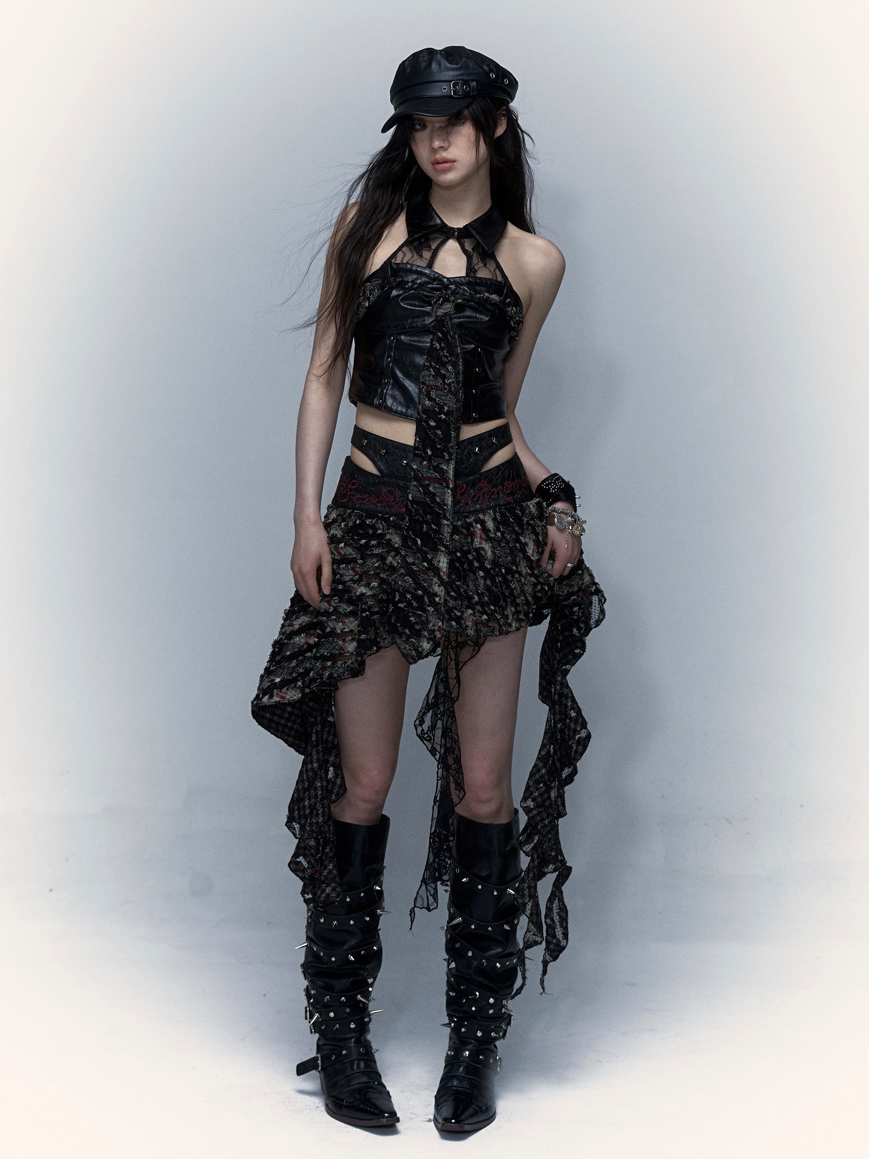 Stitching Embroidered Skirt &amp; Lace Stitch Leather Tube Top