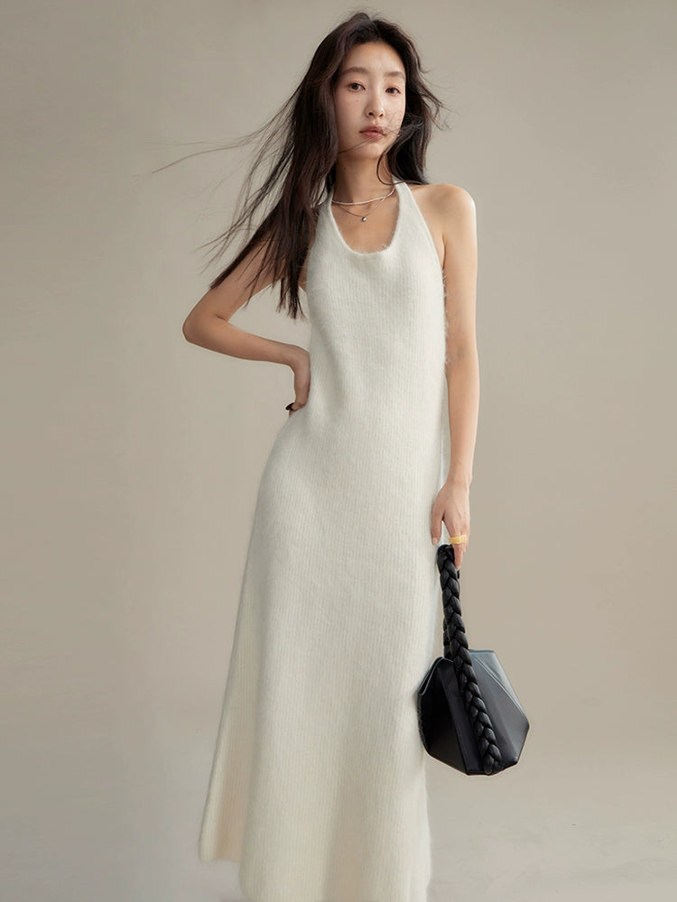 V-Neck Pullover Sweater & Halter Neck Knitted Dress