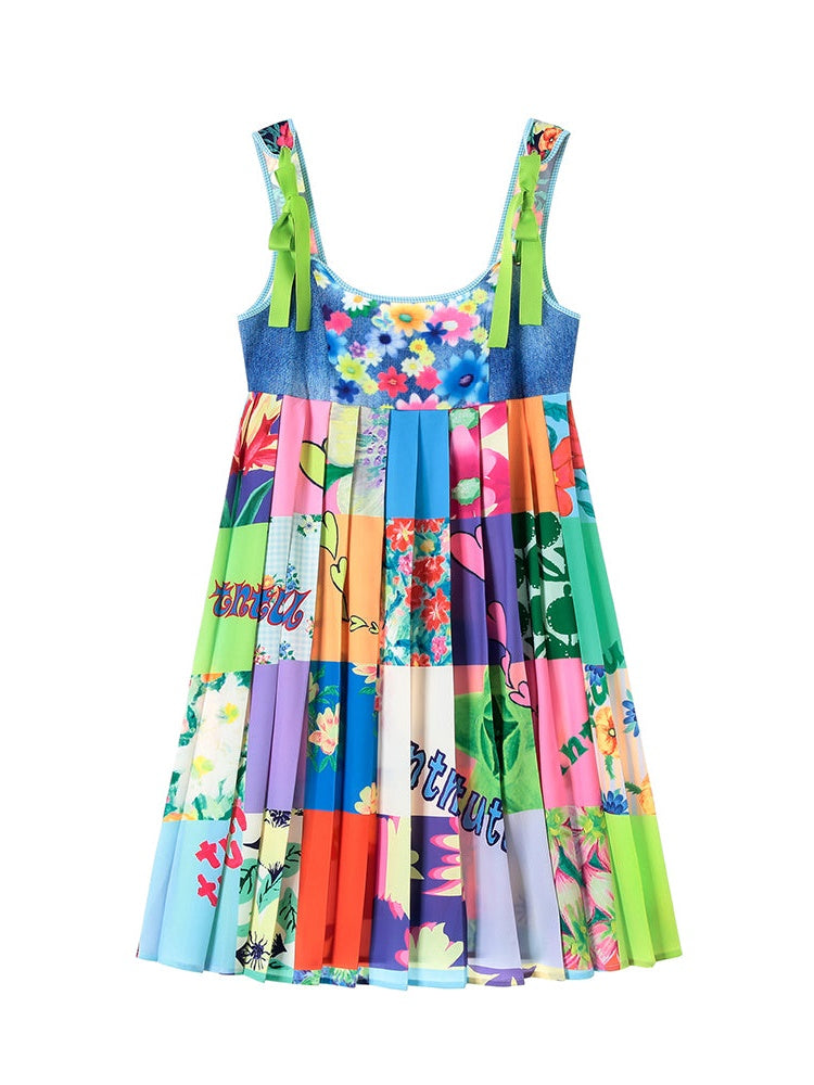 Stitching Denim Print Strap Sling One-piece