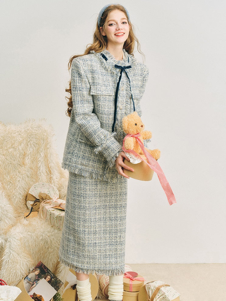 Loose Silhouette Tweed No-Collar Jacket & Mid-Length Skirt
