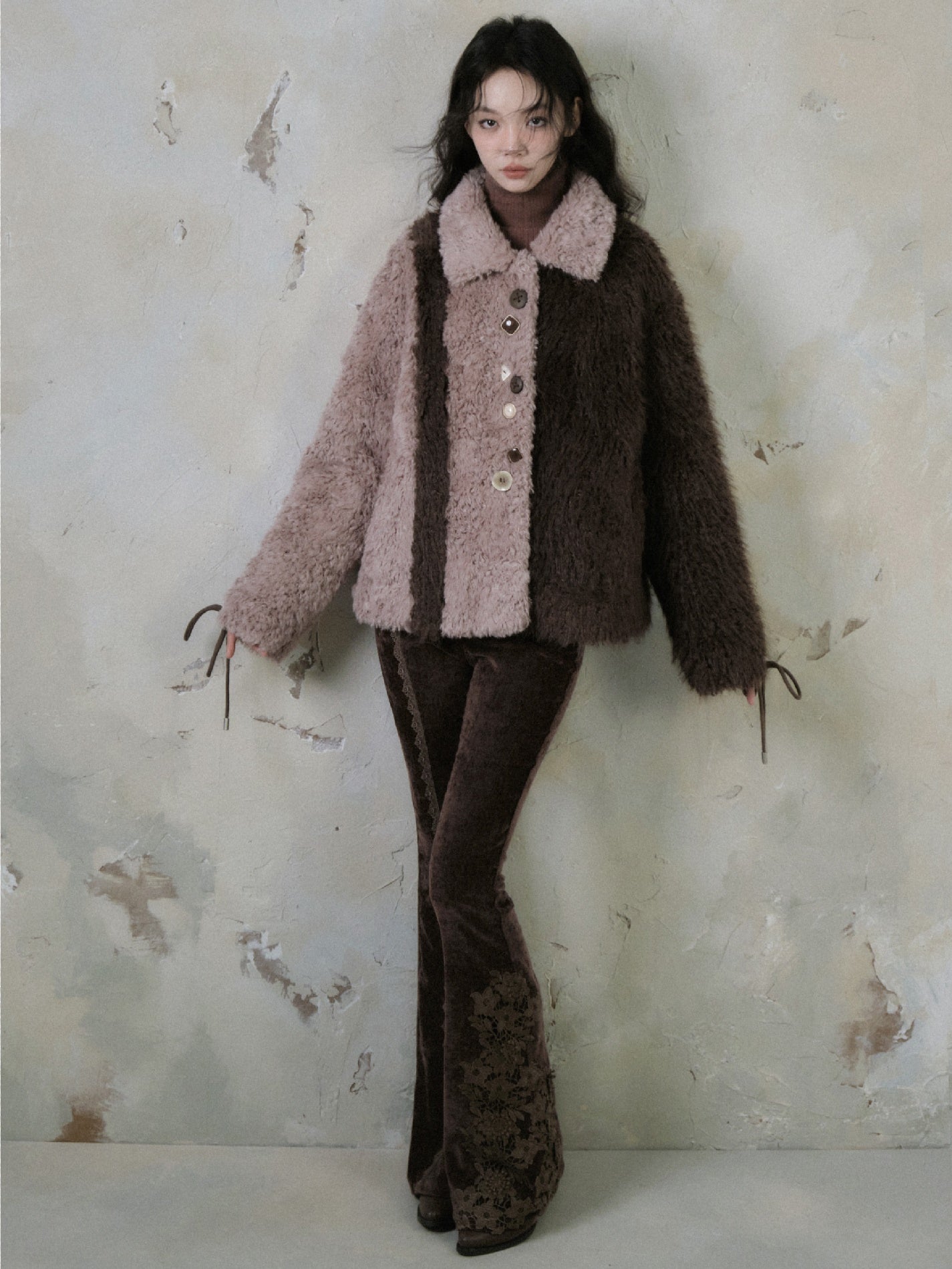 Lace Stitch Elastic Slim Velvet Bootcut Pants