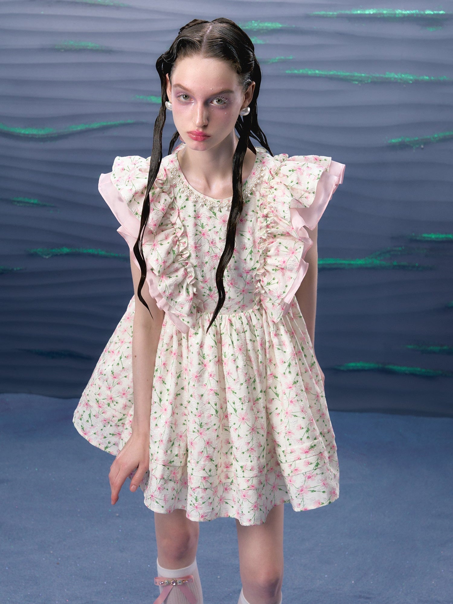 Flower Double-layer Ruffles Flying Sleeve Fluffy Dress ARCANA ARCHIVE Flower Double-layer Ruffles Flying Sleeve Fluffy Dress ARCANA ARCHIVE